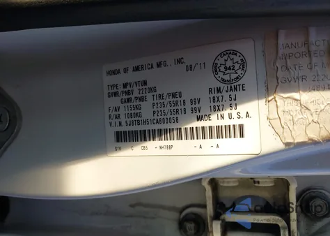 2012 Acura Rdx из США, поврежденный, VIN 5J8TB1H51CA800058